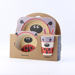 Baby Bamboo Tableware Set – 5pcs Cartoon Animal Dinnerware for Kids