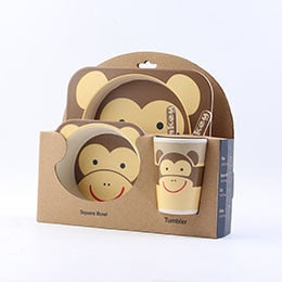 Baby Bamboo Tableware Set – 5pcs Cartoon Animal Dinnerware for Kids