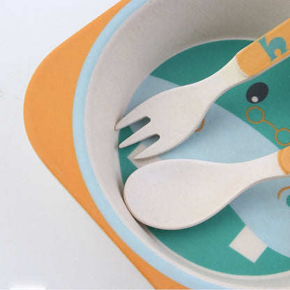 Baby Bamboo Tableware Set – 5pcs Cartoon Animal Dinnerware for Kids