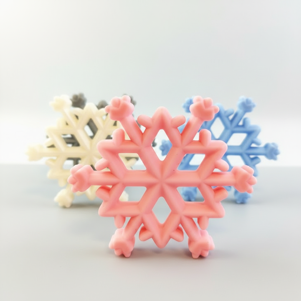 Baby Christmas Teether Silicone Toy in snowflake design. Soft and colorful silicone teether for babies.