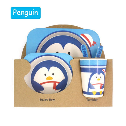 Baby Bamboo Tableware Set – 5pcs Cartoon Animal Dinnerware for Kids