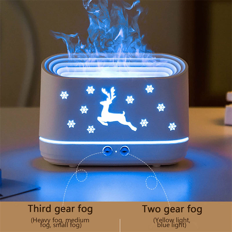 Elk Flame Humidifier & Diffuser Lamp with flame-effect mist and adjustable fog settings in cozy winter decor