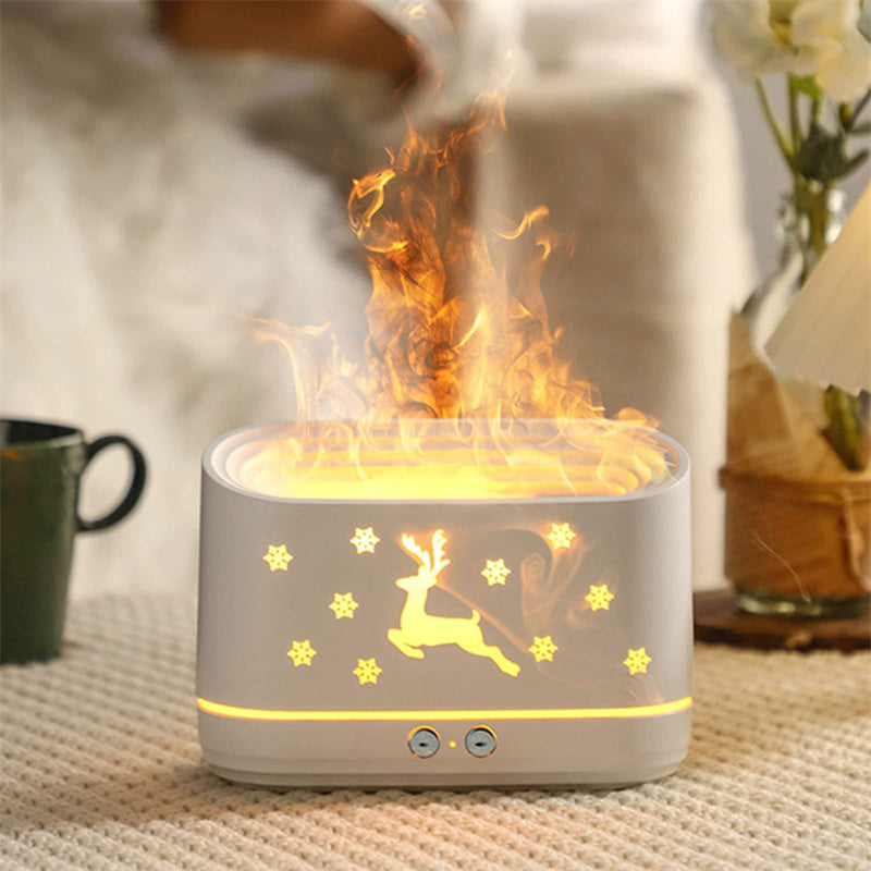Elk Flame Humidifier & Diffuser Lamp with warm flame effect mist and cozy winter design.