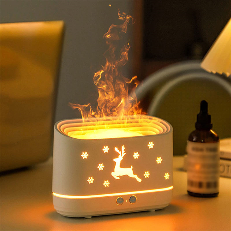 Elk Flame Humidifier & Diffuser Lamp with cozy flame effect mist and Christmas design.